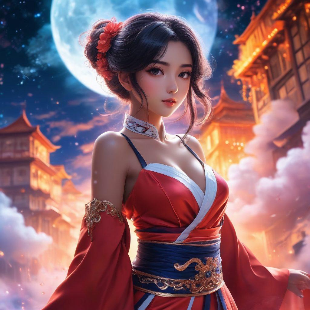 A captivating scene featuring an enchanting anime character with alluring features, set against a vibrant fantasy backdrop. The character, dressed in elegant, revealing attire, exudes confidence and charm, while surrounded by ethereal elements like swirling clouds and glowing lights. Incorporate an atmosphere of intrigue and sensuality that reflects the essence of adult anime. Use soft hues and deep contrasts to enhance the mood. super-realistic. vibrant colors. imaginative background.